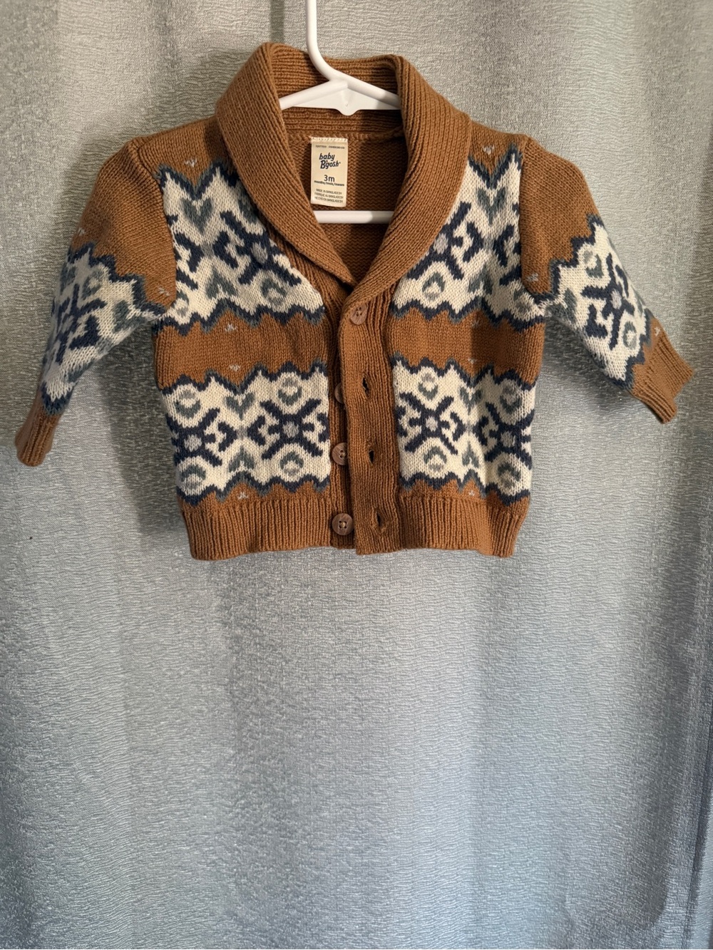 GAP Brown Shawl-Collar Fair Isle Cardigan with Navy & White Pattern